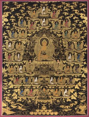 24K Gold Style Hand-Painted Shakyamuni Buddha with Bodhisattva | Compassion Yoga